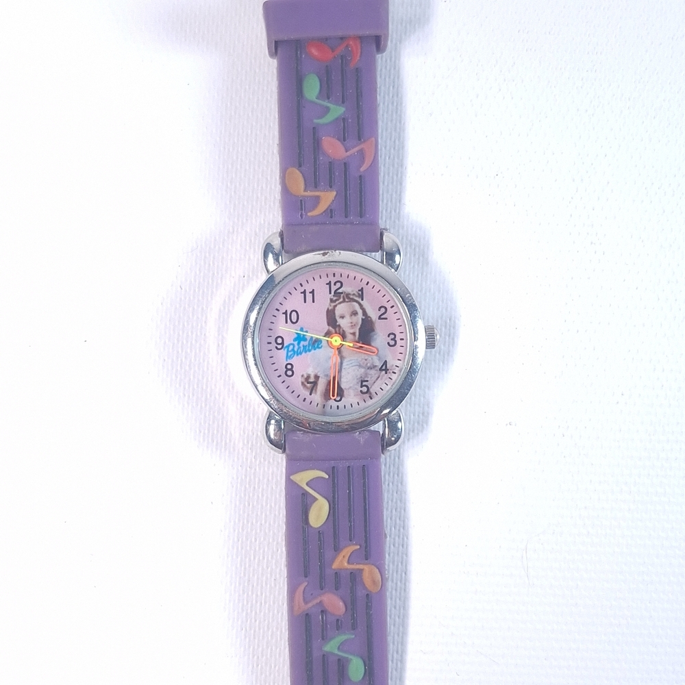 Barbie Watch Silver Toned Purple Colorful Band Neon Hands Working Vintage